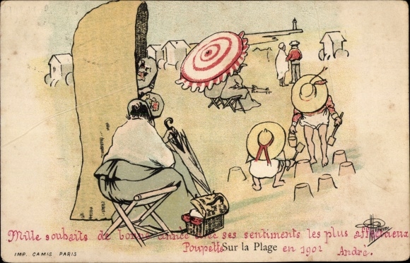 Chromo-Litho Beach life, vacationers, beach chair, children building castles