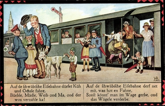 Artist PC Boettcher, Hans, railroad, travelers, goat, on the Swabian railway you should drive