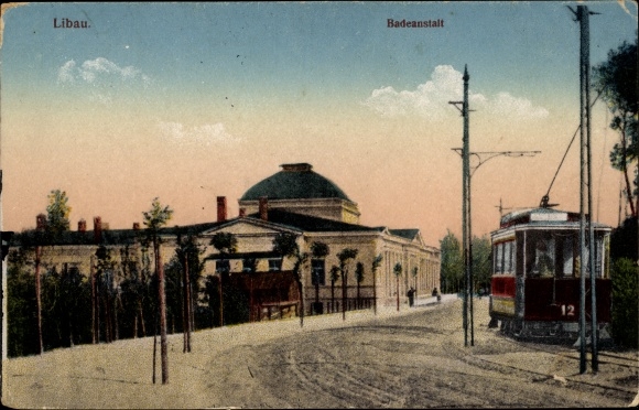 Postcard Liepaja Libau Latvia, bathing establishment, tram 12