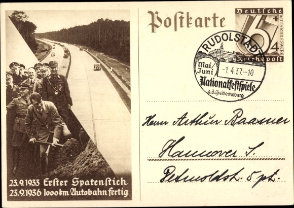Ganzsachen Ak Hitler, Autobahnbau, Erster Spatenstich 23.9.1933