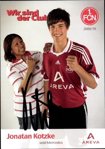 Autograph card footballer Jonatan Kotzke and Mercedes, 1. FC Nuremberg, autograph