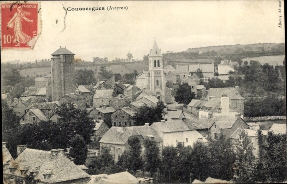 Postcard Coussergues Aveyron, partial view, church