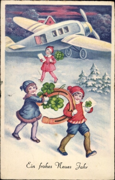 Happy New Year, children with horseshoes and clovers, airplane