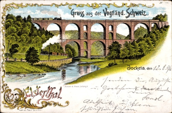 Chromo-Litho Jocketa Pöhl Vogtland, Elstertal, viaduct, river section