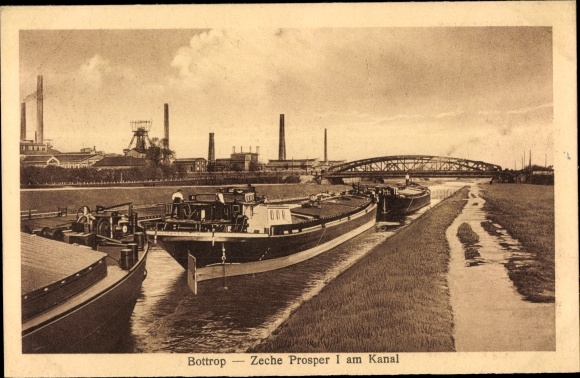 Postcard Bottrop in the Ruhr area of North Rhine-Westphalia, Prosper I colliery on the canal, ship canal, bridge, industrial area