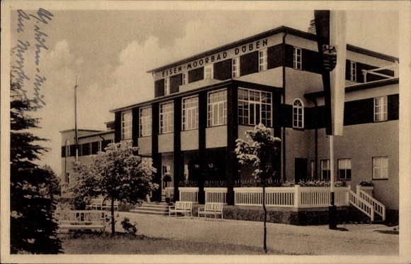 Postcard Bad Düben an der Mulde Saxony, iron mud bath, modern building, window front, green trees, so