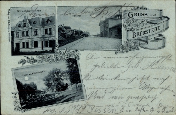 Mondschein Ak Bredstedt in Nordfriesland, Hotel Landwirtschaftliches Haus, Bahnhof, Mühlenbach