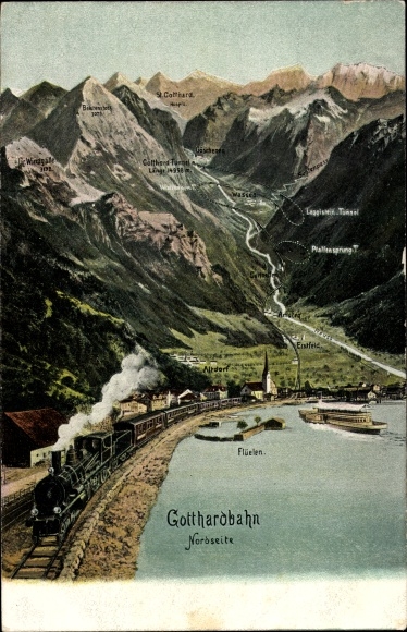 Postcard Flüelen Kt. Uri Switzerland, Gotthardbahn, Erstfeld, Dammastock, Leckihorn, Galenstock