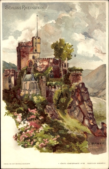 Artist Chromo-Litho Pfaff, C., Trechtingshausen am Rhein, View of the Rheinstein Castle