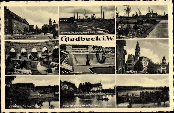 Postcard Gladbeck in the Ruhr area, post office, coal mine, swimming stadium, Wittringen house, stadium
