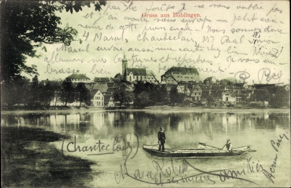 Ak Böblingen in Württemberg, Schwarz-Weiß-Bild von  See, Boot, Menschen, Text 'Gruss aus Böblinge