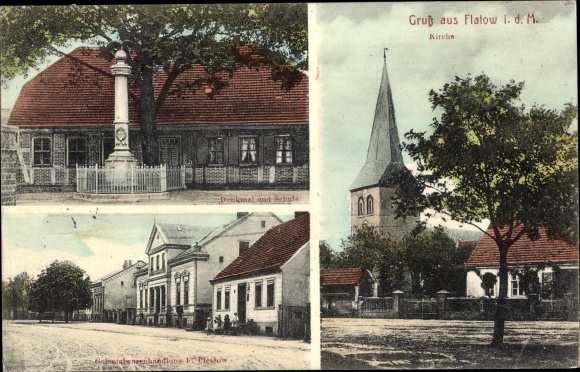 Postcard Flatow Kremmen in der Mark, church, memorial, school, grocery store