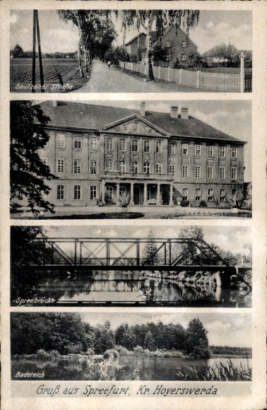 Postcard Uhyst Spree Spreefurt Boxberg Oberlausitz, swimming pond, Spree bridge, castle