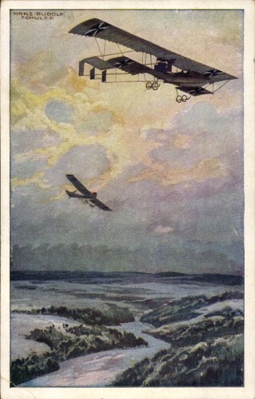 Artist Postcard Schulze, Hans Rudolf, Military biplane on reconnaissance mission over the Argonne Forest