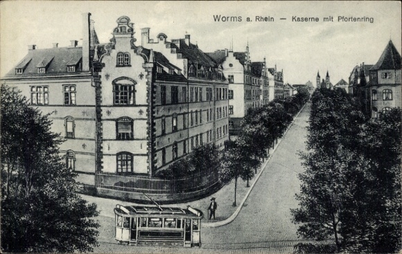 Postcard Worms am Rhein, street with tram, old buildings, barracks, trees