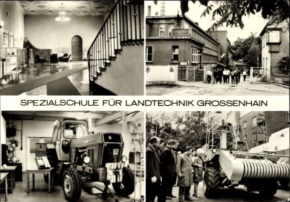 Ak Großenhain Sachsen, speciale school voor landbouwtechniek, foyer, hoofdingang, onderwijskast...