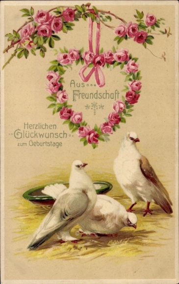 Postcard birthday greetings, doves, roses