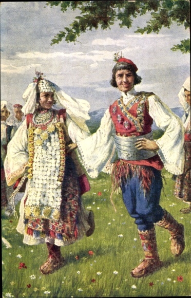 Artist Postcard Meneghello Dincic, V., Dalmatia, folk dance Kolo, Vrlika