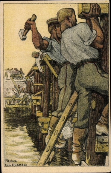 Artist PC Georgi, W., Leibniz biscuit, advertisement, Bahlsen biscuit factory Hanover, pioneers in bridge construction
