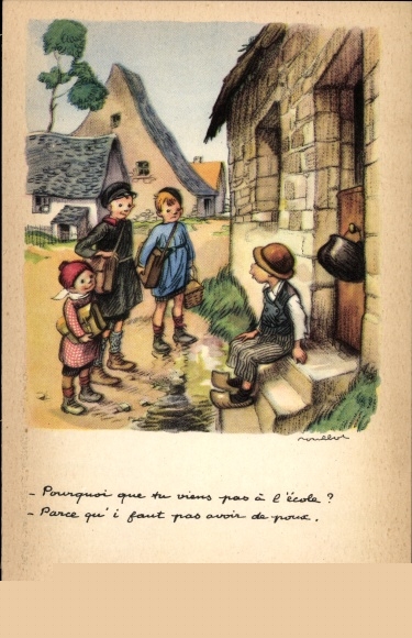 Artist PC Poulbot, children on the way to school, village, Ligue national contre le taudis
