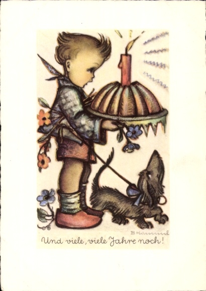 Artist Postcard Hummel, Berta, No. 4513, And many years to come, boy with dog and cake
