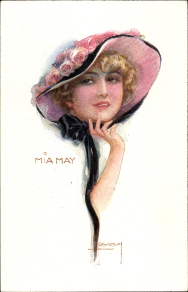 Künstler Ak Usabal, Luis, Schauspielerin Mia May, Frauenportrait, Roter Rosenhut