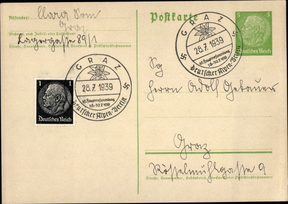 Postwaardekaart briefkaart Graz Stiermarken, Duitse Alpenvereniging