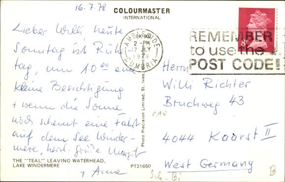 Postcard Windermere Cumbria England, The Teal Leaves Waterhead, Lake Windermere
