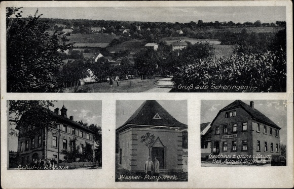 Postcard Scheringen Limbach in Baden, inn at the green tree, water pumping station, school, town hall