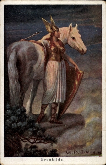 Künstler Ak Erlang, P. v., Brunhilde, weißes Pferd, Dir rat ich Vater rüste Dich selbst, Sage