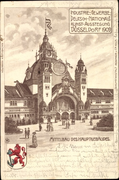 Litho Düsseldorf, Industrie, Gewerbe Kunstausstellung 1902, Hauptgebäude, Wappen