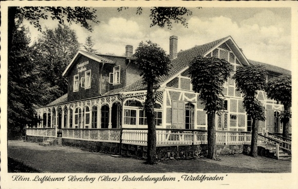 Ak Herzberg am Harz, luchtkuuroord Herzberg, recreatiecentrum Waldfrieden, architectuur