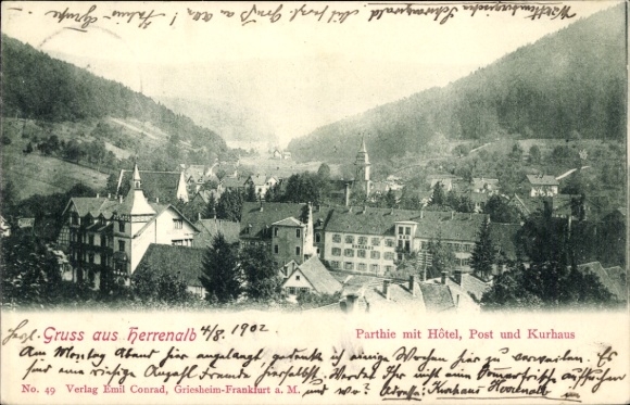 Postcard Bad Herrenalb in the Black Forest, panoramic view of hotel, post office, spa, beautiful landscape