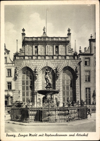 Postcard Gdańsk Danzig, Neptune Fountain, Actus Court, Long Market, s building
