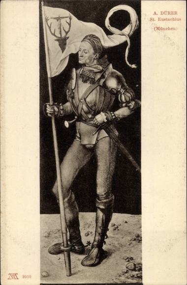 Artist Postcard Dürer, A., Saint Eustachius, flag, armor