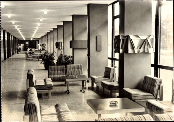 Postcard Ostseebad Zinnowitz Usedom, holiday service IG Wismut, holiday home Red October, lobby