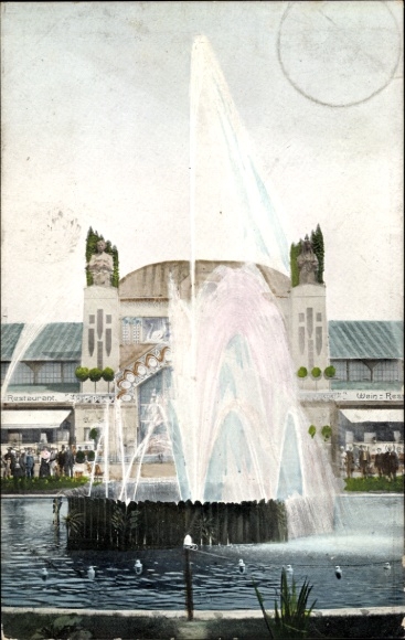Ansichtkaart Zwickau Saksen, commerciële en industriële tentoonstelling 1906, lichtfontein met grote zaal
