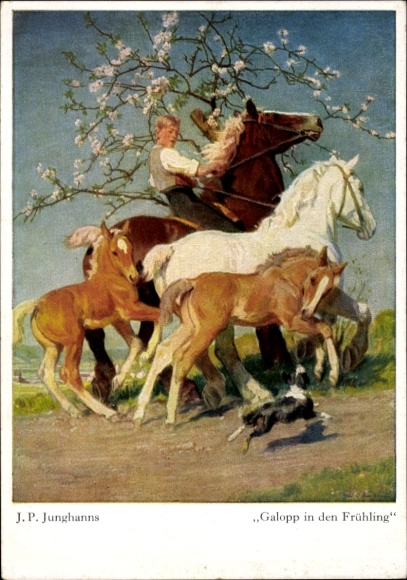 Artist Postcard Junghanns, JP, Gallop into Spring, Horses, Dog