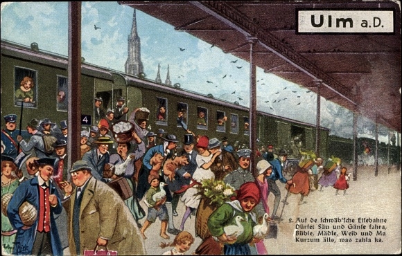 Artist PC Thiele, Arthur, Ulm on the Danube, on the Swabian railway, busy scene at the station