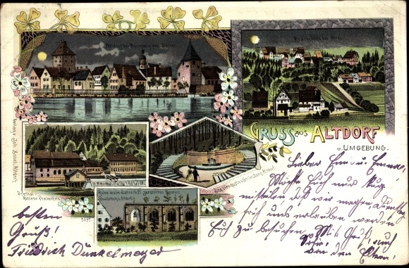 litho Altdorf in Midden-Franken, Sophienquelle, Prackenfels, kloosterruïnes, klaverbladeren