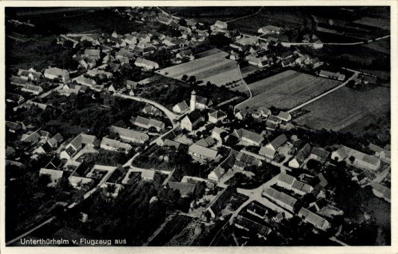 Postcard Unterthürheim Buttenwiesen in Swabia, aerial view of rural surroundings, buildings, streets