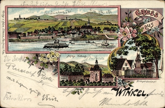 Litho Winkel am Rhein Rheingau, Gesamtansicht, Schloss Vollrads, Kriegerdenkmal