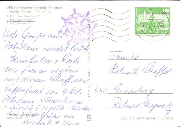 Postcard VEB Verkehrsbetriebe Potsdam, Weiße Flotte, MS Strandbad Ferch, MS Cecilienhof, MS Sanssouci