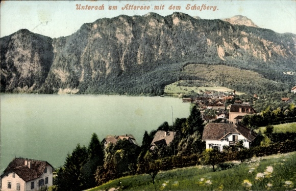Ak Unterach am Attersee Oberösterreich,  Schafberg, Berglandschaft, See, Häuser