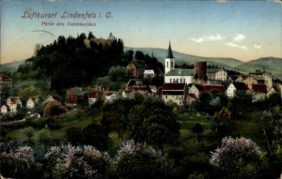 Postcard Lindenfels in the Odenwald Hesse, view of the town, ruins, church tower