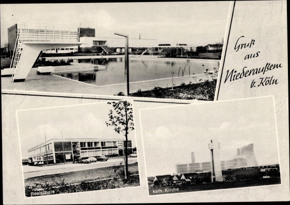 Postcard Niederaussem Bergheim in the Rhine Erft district, swimming pool, junior high school, cath. Church