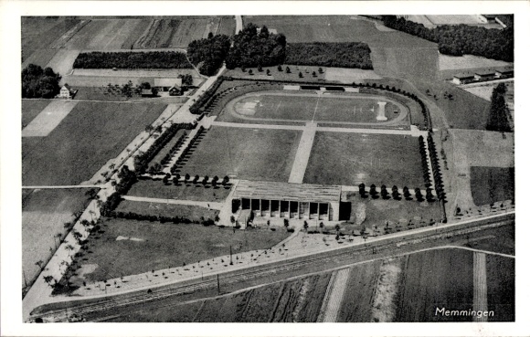 Postcard Memmingen in Swabia, aerial photography, sports field