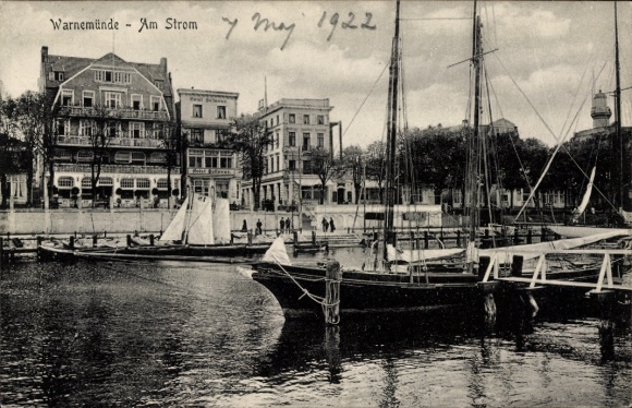 Postcard Ostseebad Warnemünde Rostock, harbor view, sailing ships, buildings, water