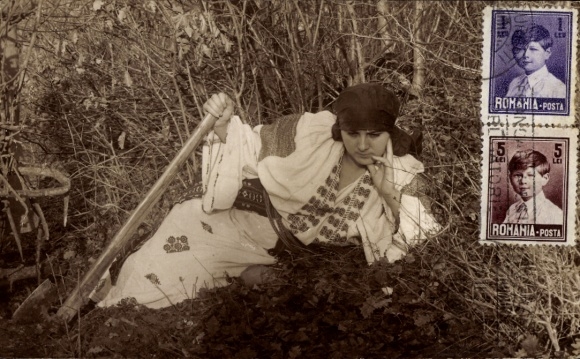 Postcard Woman in Romanian Costume, Field, Tools