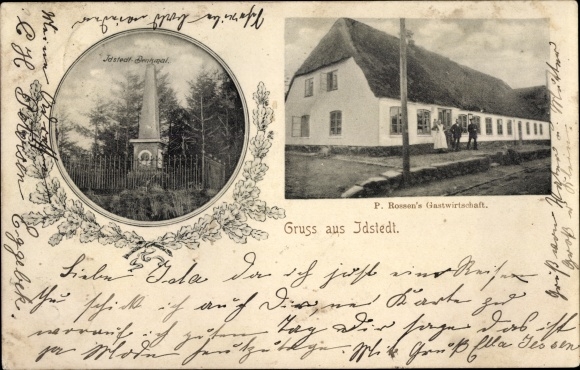 Postcard Idstedt in Schleswig Holstein, monument, inn
